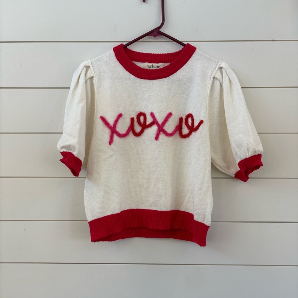 Peach Love California Cream and Red XOXO Short Sleeve Sweater